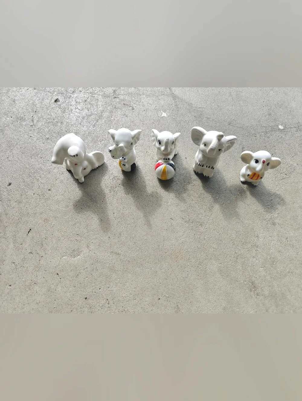 5 Vintage Brinns Circus Elephants Figurines Bone China Ball Trunks-Up Good Luck
